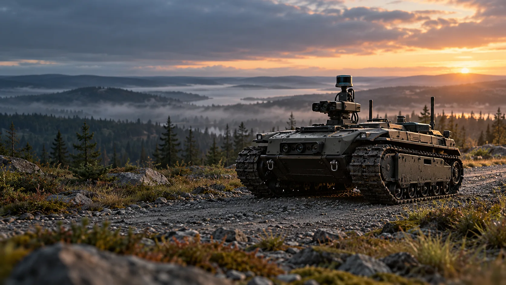 Illustrative autonomous ground platform on a rugged field test route at dawn
